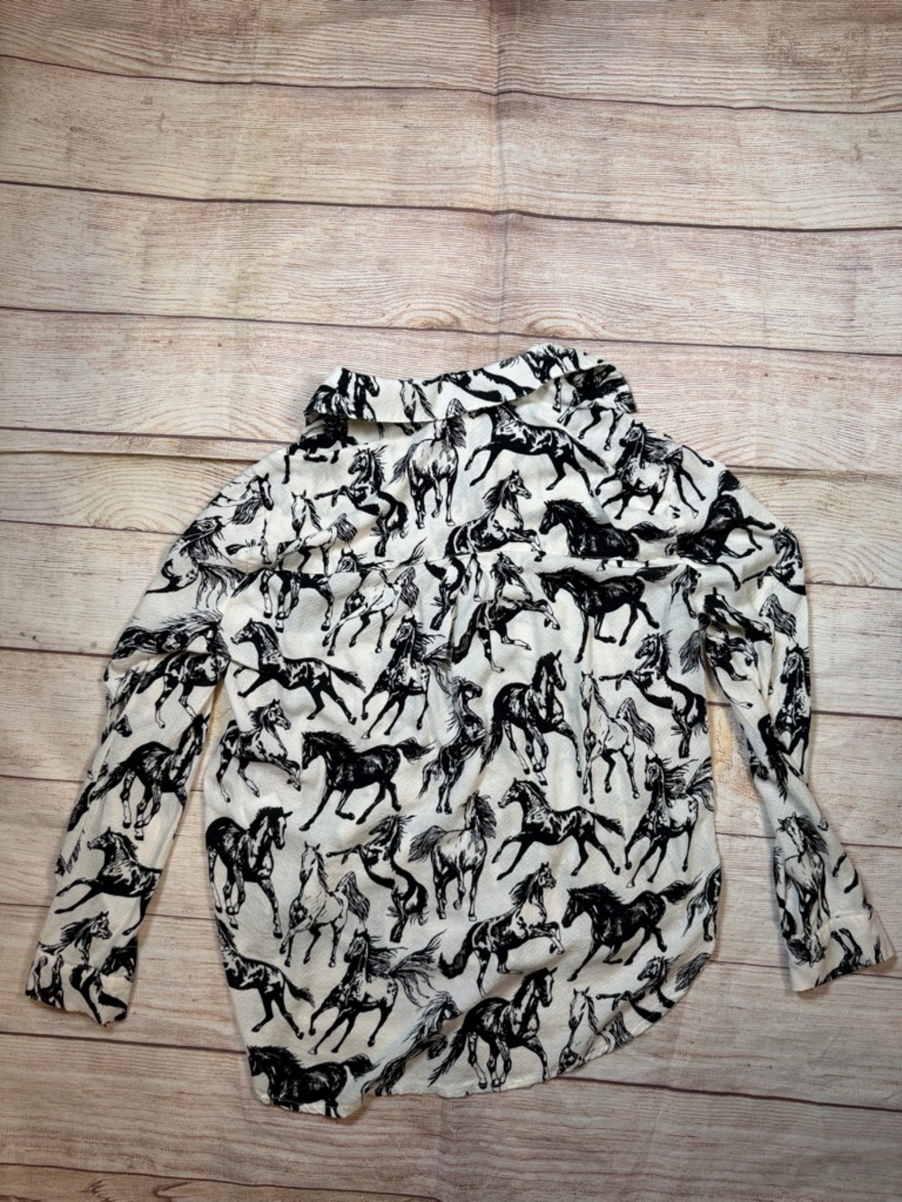 Black & White Horse Print Equestrian, Old Money Button-Up Blouse - Picture 7 of 7